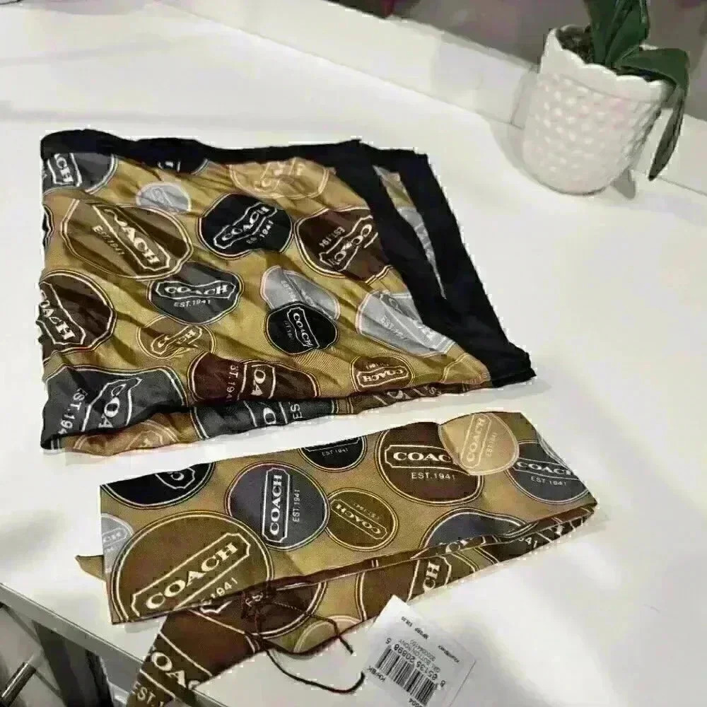NWT Set of Coach Designer Silk Logo set handkerchief and skinny headband Mini